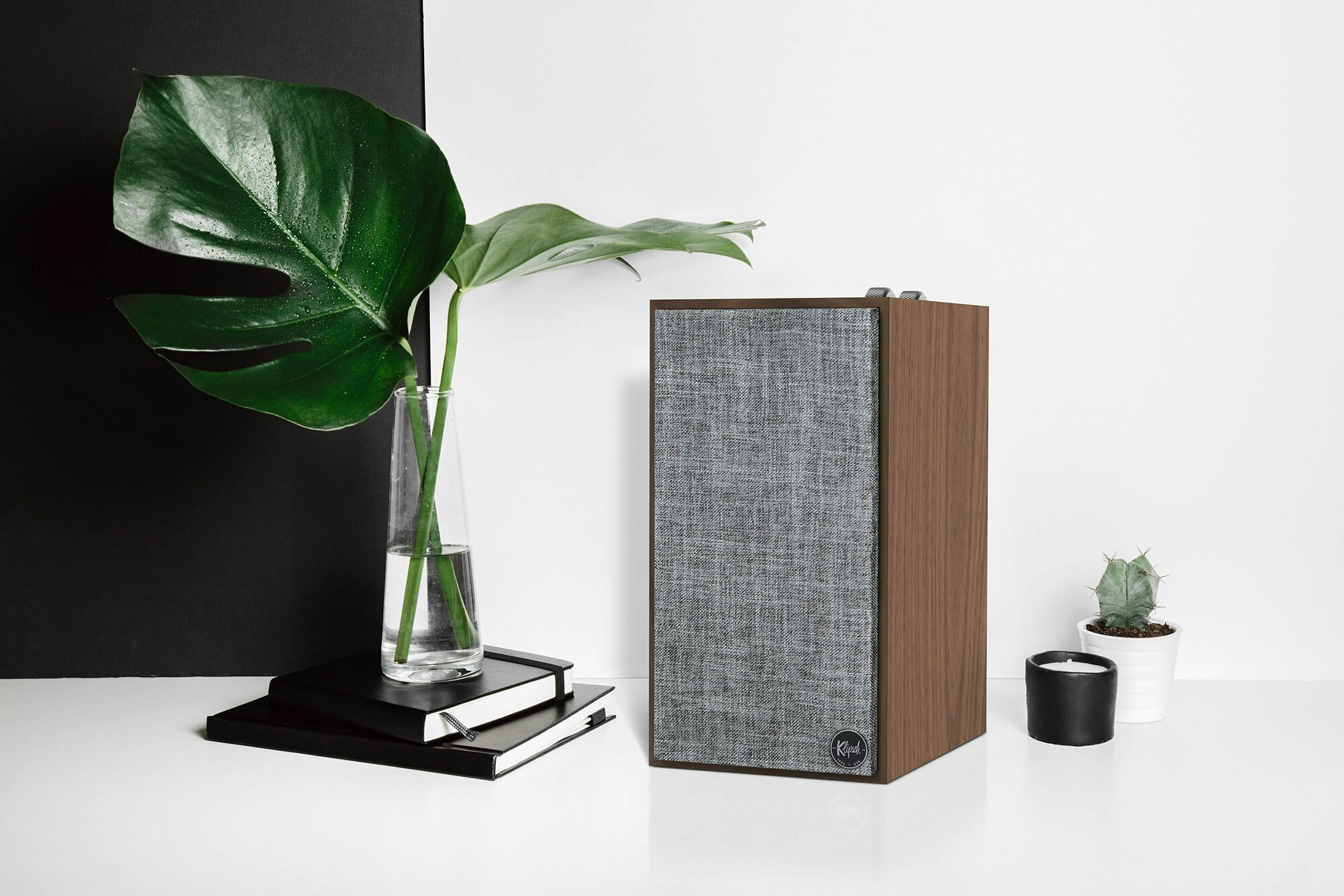 Fives Powered speakers walnut next to plant